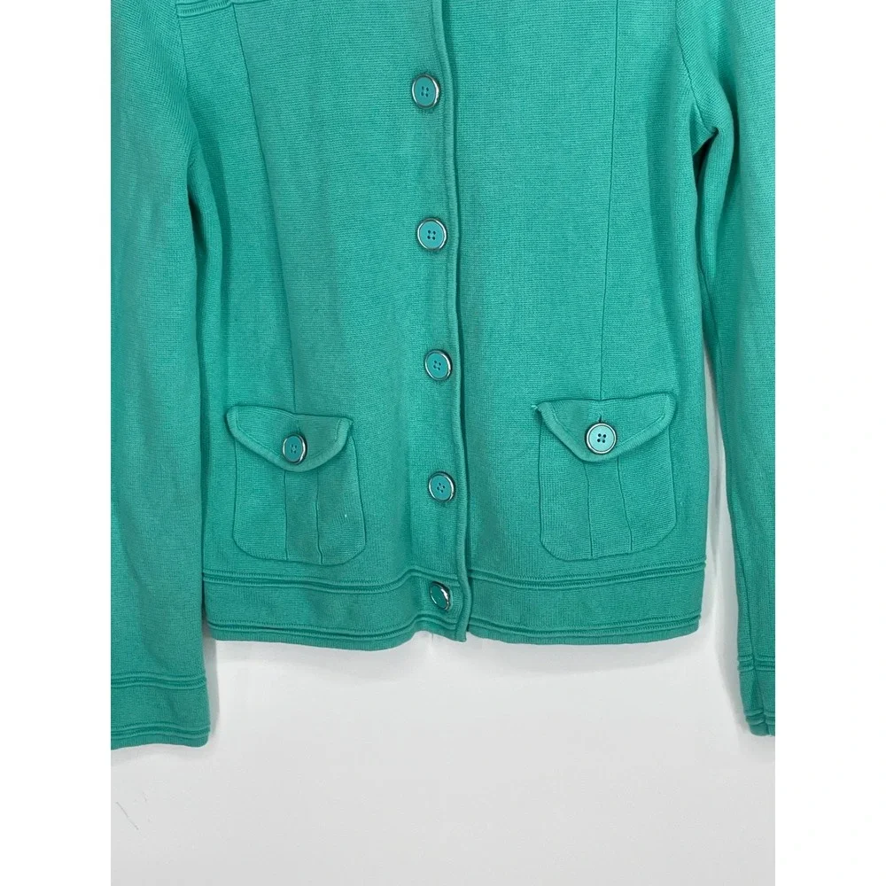 Jones New York Womens Cardigan Large Sweater Teal Green Mock Neck Preppy